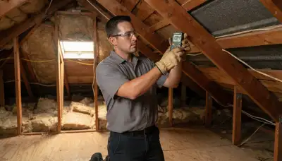 Electrician measures attic heat with a thermometer during an attic fan assessment in Long Beach, CA