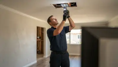 Electrician inspecting an exposed ceiling box for fan support in Long Beach, CA