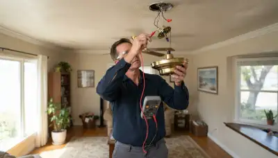 Electrician tests a ceiling fan pull-chain switch with a multimeter in a Long Beach, CA home