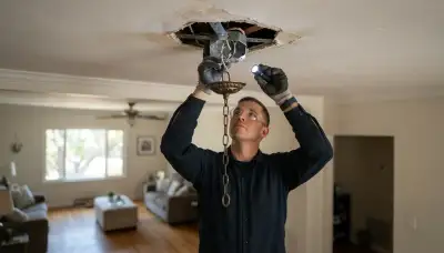 Long Beach, CA electrician checks ceiling box and support brace before chandelier installation