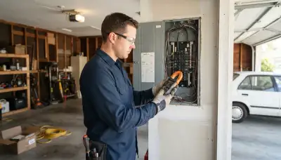 Electrician uses clamp meter for EV charger load calculation at Long Beach, CA home electrical panel