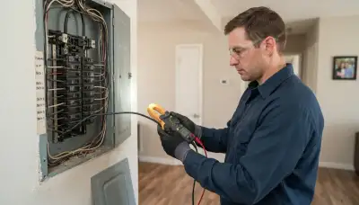 Electrician in Long Beach, CA measures load at an open panel with a clamp meter for a new heater circuit