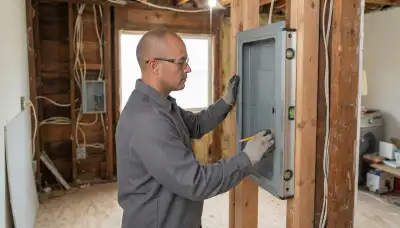 Long Beach electrician leveling a new electrical panel enclosure between wall studs during rough-in installation