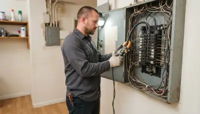 Long Beach, CA electrician measures an open residential electrical panel with a clamp meter for an upgrade