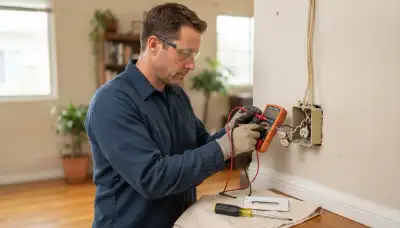 Electrician using a multimeter to diagnose an open receptacle during electrical repair in Long Beach, CA