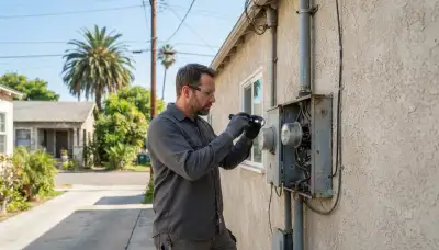 Electrician inspecting a residential service entrance and meter base in Long Beach, CA