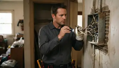 Electrician inspecting aged wiring with a flashlight during a Long Beach, CA home assessment