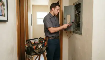 Electrician tests an open electrical panel with a voltage tester in a Long Beach, CA home