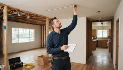 Technician measuring ceiling placement for fire alarm detectors in a Long Beach, CA home