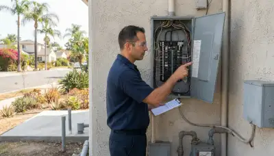 Electrician in Long Beach, CA tracing essential circuits at open load center for generator installation