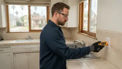 Electrician tests GFCI outlet protection at a kitchen sink in a Long Beach, CA home