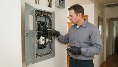 Electrician assessing GFCI circuits at an open electrical panel in a Long Beach, CA home