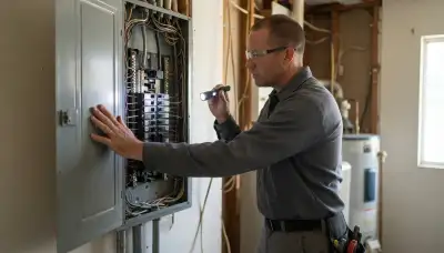 Electrician inspecting a home's electrical panel with a flashlight during a Long Beach, CA safety inspection