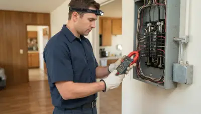 Electrician using a clamp meter at an open electrical panel during a home energy audit in Long Beach, CA