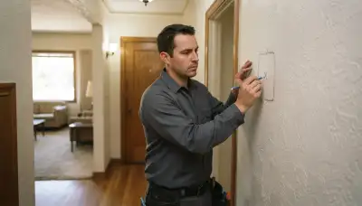 Electrician assessing intercom station placement inside a Long Beach, CA home for installation