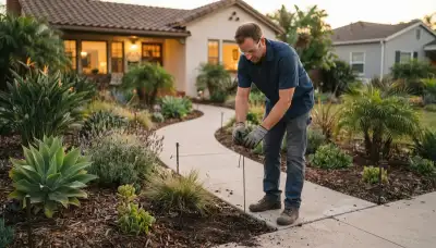 Electrician positioning landscape lighting stakes along a residential pathway in Long Beach, CA