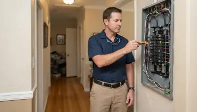 Licensed electrician tests breaker terminals in an open electrical panel during a Long Beach, CA home assessment