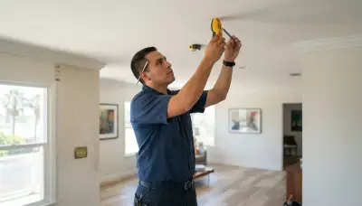 Electrician in Long Beach, CA uses a stud finder to mark ceiling locations for light fixture installation