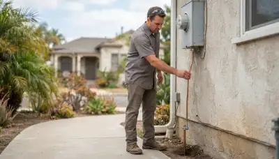 Electrician tracing a grounding electrode conductor during a lightning exposure assessment at a Long Beach, CA home