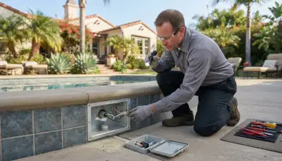 Long Beach, CA electrician inspecting a pool light niche and bonding connection with a flashlight