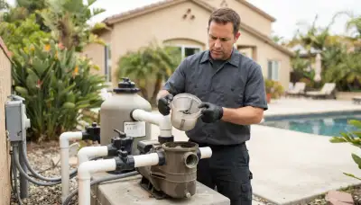 Electrician inspecting a pool pump’s strainer basket and shaft seal in Long Beach, CA