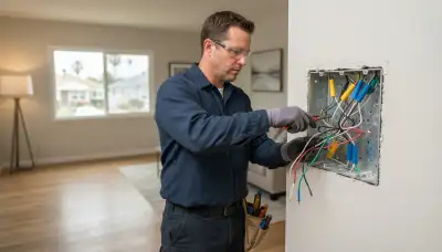 Electrician assessing an electrical panel and grouping lighting loads for programmable lighting in Long Beach, CA