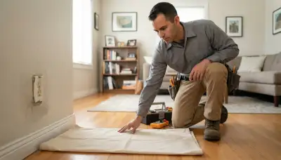 Long Beach, CA residential electrician assessing an outlet while smoothing a protective drop cloth indoors