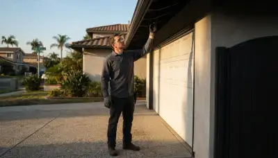 Electrician assessing garage eave and driveway for security light coverage in Long Beach, CA