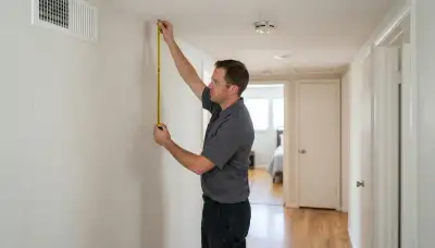 Electrician measures smoke detector placement along a bedroom hallway ceiling in a Long Beach, CA home
