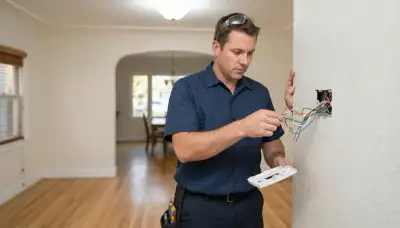 Electrician assesses labeled thermostat control wires in a Long Beach, CA home before installation
