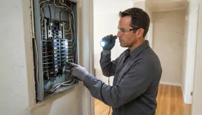 Long Beach, CA electrician assesses an open panel for whole-home surge protection installation