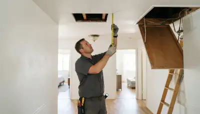 Electrician assesses ceiling joists for whole-house fan placement in a Long Beach, CA home