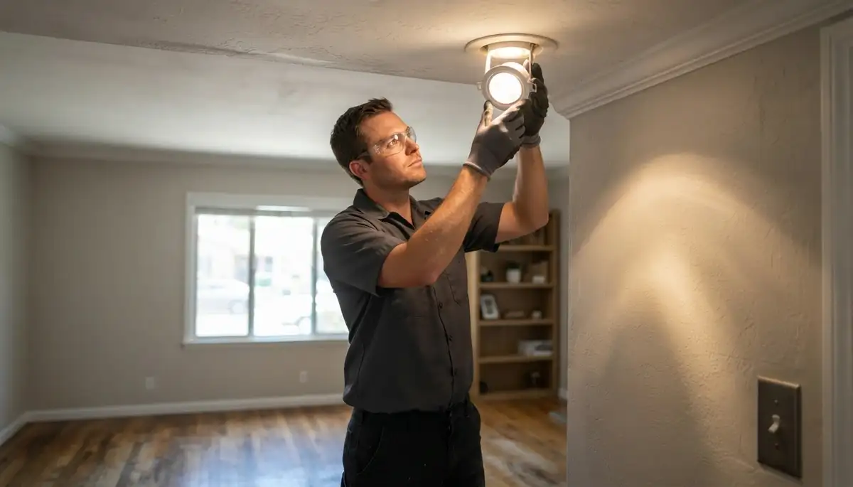 Electrician aims a new light fixture and tests dimmer controls in a Long Beach, CA home