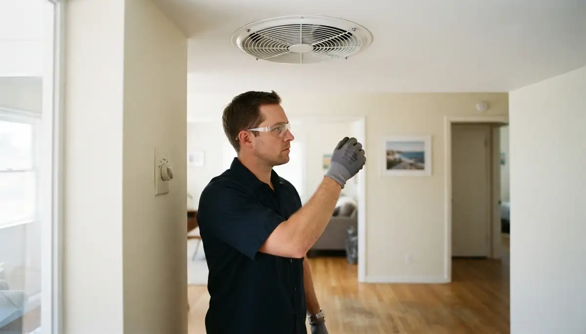 Electrician adjusts whole-house fan speed control to verify airflow in Long Beach, CA