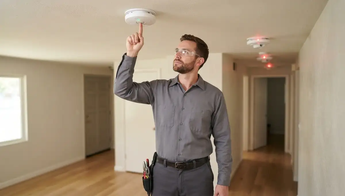 Electrician tests interconnected ceiling smoke detector in a Long Beach, CA home
