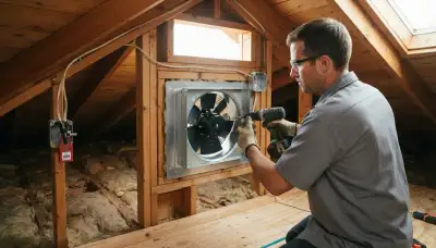 Electrician installs and wires an attic fan in a Long Beach, CA home.attic fan installation in Long Beach, CA**