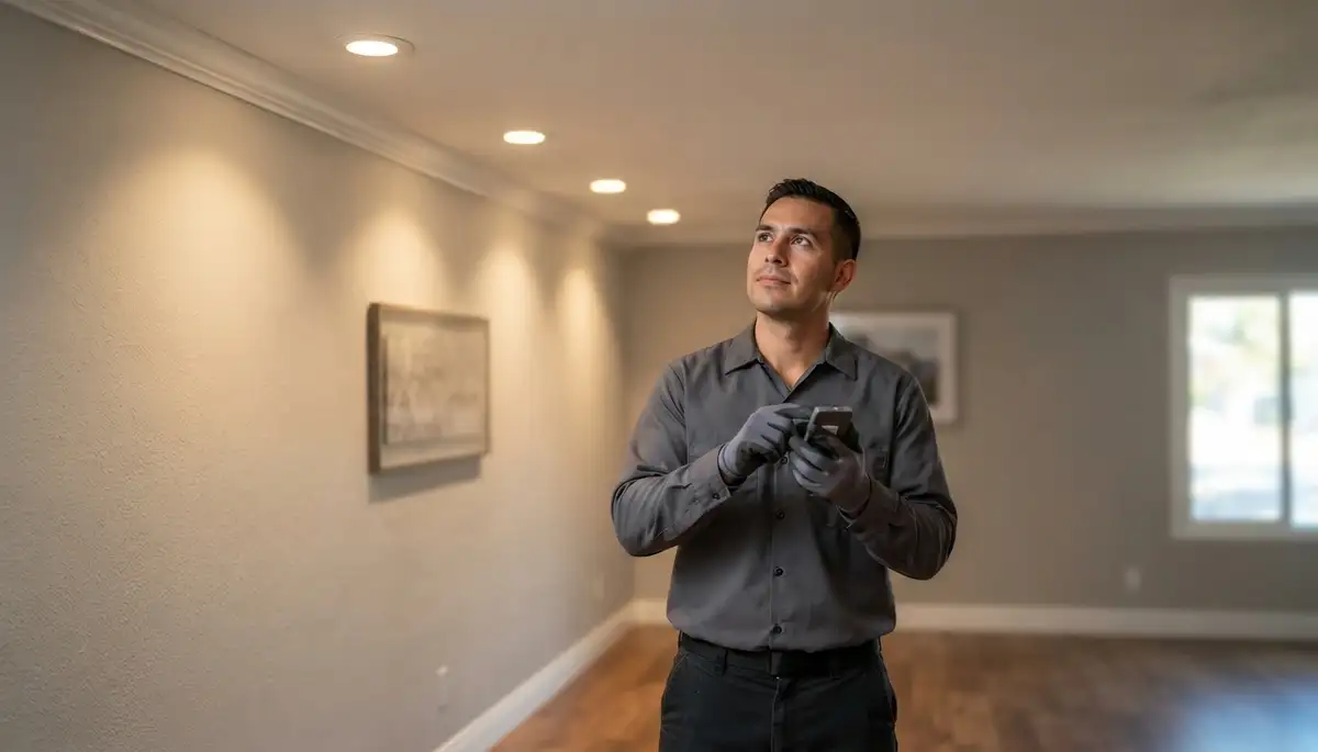 Electrician testing recessed lighting beam coverage and dimmer control in Long Beach, CA