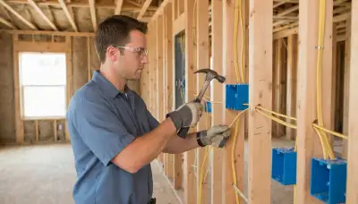 Electrician installing electrical boxes and cable during new construction wiring rough-in in Long Beach, CA