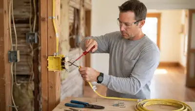 Electrician routing and terminating electrical wiring in a Long Beach, CA device box