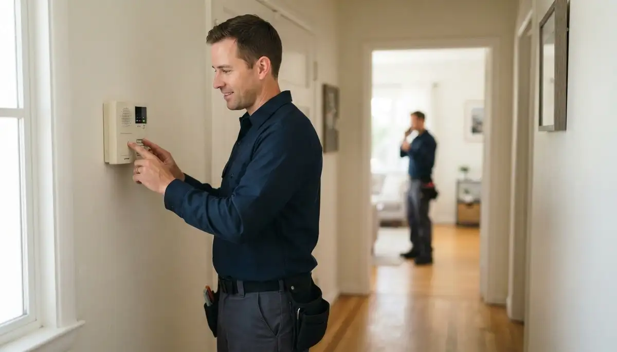 Long Beach, CA electrician testing audio on a mounted intercom station in a home