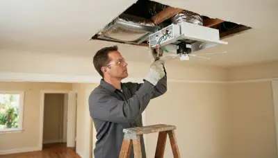 Electrician installs whole-house fan ceiling unit and insulated damper in Long Beach, CA