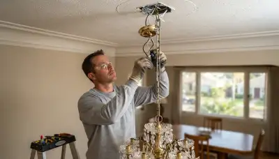 Electrician secures chandelier wiring to a fixture-rated brace in a Long Beach, CA home