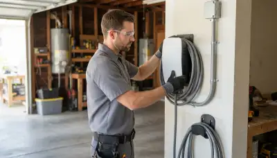 Electrician installs wall-mounted EV charger with dedicated conduit circuit in Long Beach, CA garage
