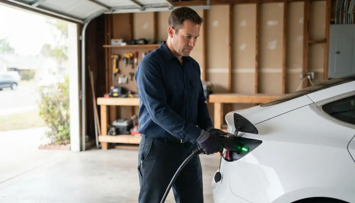 Long Beach, CA electrician tests EV charger connection during a live vehicle charging session