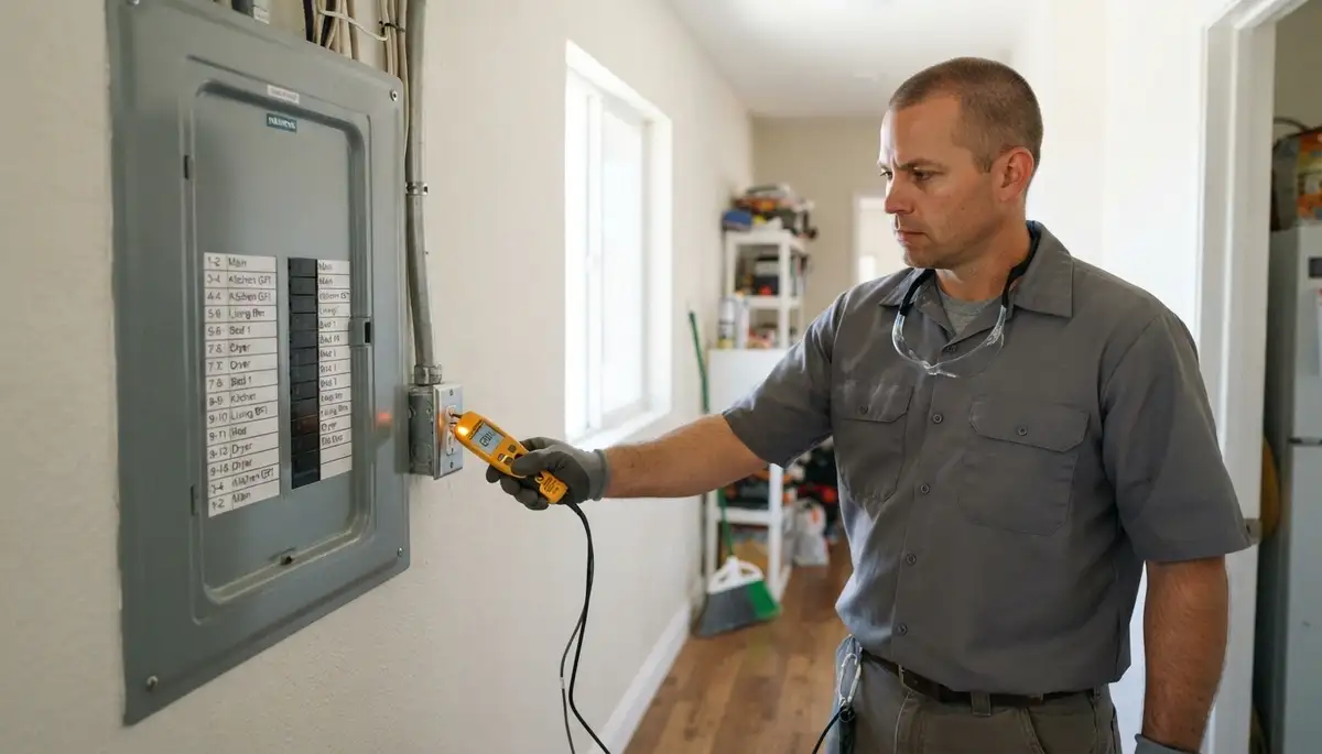 Electrician tests labeled breakers with a voltage tester on an upgraded panel in a Long Beach, CA home