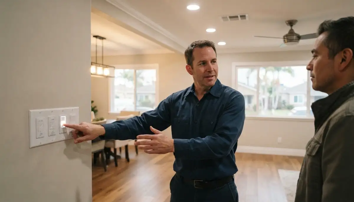 Electrician in Long Beach, CA explains dimmer controls after a completed home lighting installation