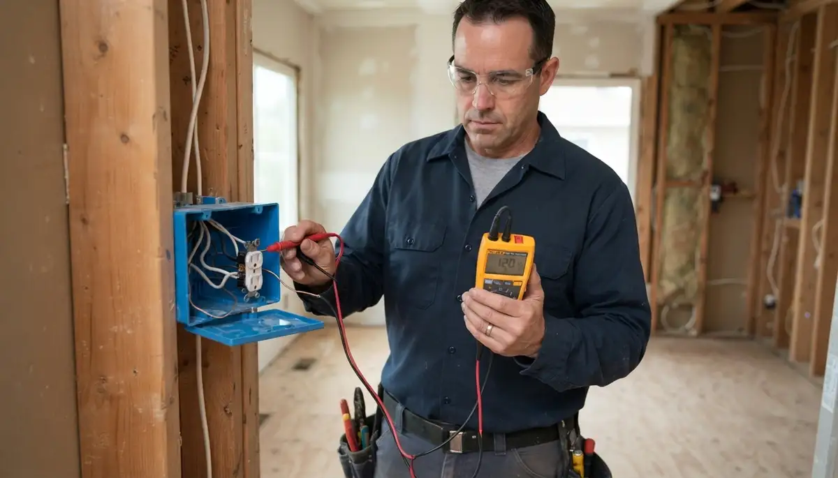 Long Beach, CA electrician using a multimeter to test new wiring continuity and polarity