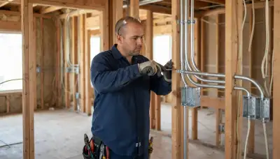 Electrician fastening conduit to wall studs during electrical installation in Long Beach, CA