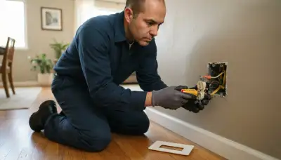 Electrician testing a wall outlet with a circuit tester during a home electrical inspection in Long Beach, CA