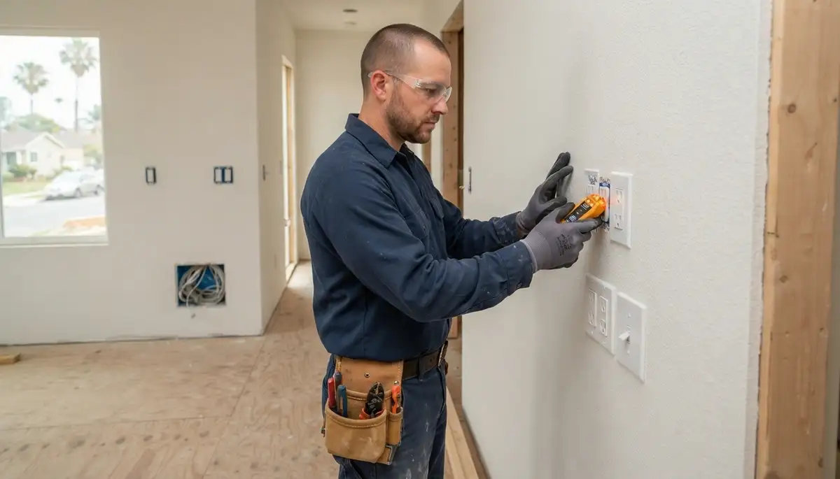 Long Beach, CA electrician installing receptacles and switches, testing circuits in a new construction home